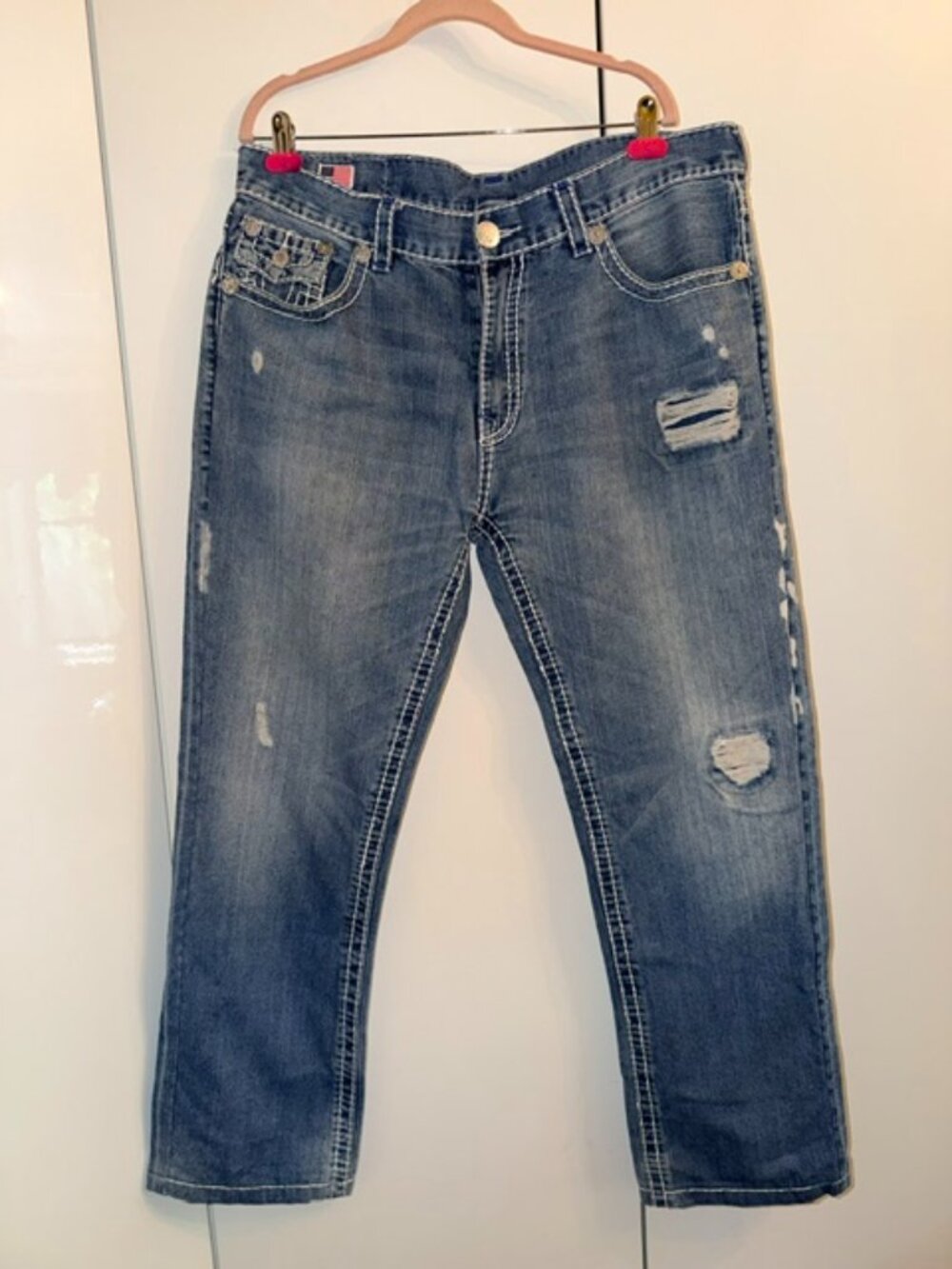 True Religion distressed jeans, medium rise, straight leg, size 38/32, light